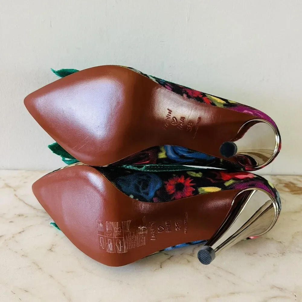 2010 LANVIN x H&M Green Floral Print Bow Mirrored Heels Pumps - EUR 38 / US 7